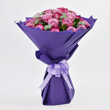 Eternal Beauty Bouquet, 20 Purple Roses, Dual Purple Roses, Eucalyptus Leaves, Purple Fabric